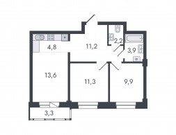 Евро 3-комнатная, 60.2 м²