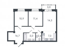 Евро 3-комнатная, 71 м²