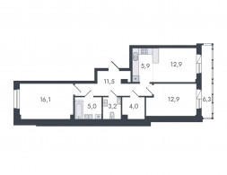 Евро 3-комнатная, 77.8 м²