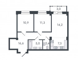 Евро 3-комнатная, 70.7 м²