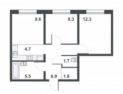 3-комнатная, 51.6 м²