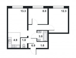 3-комнатная, 51.7 м²
