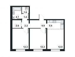 3-комнатная, 58.6 м²