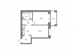 Евро 2-комнатная, 45.7 м²