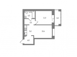 Евро 2-комнатная, 45.7 м²